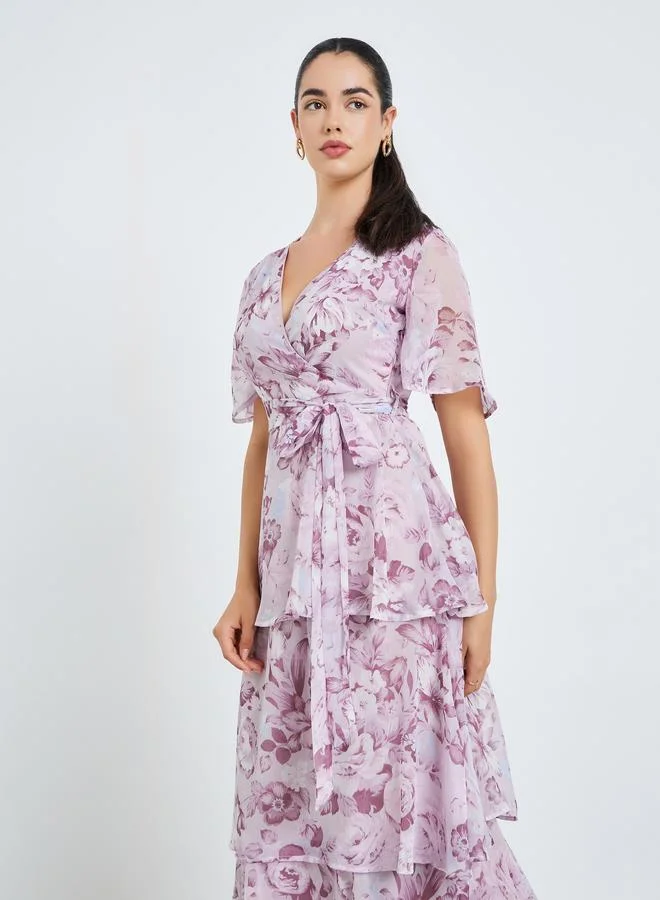 Styli Women Pink Floral Print Wrap Tiered Maxi Dress